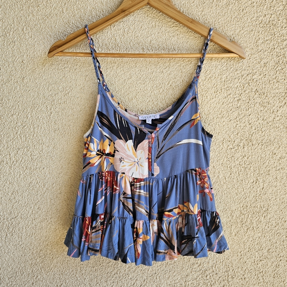 Patrons of Peace cropped ruffle spaghetti strap tank top beach floral